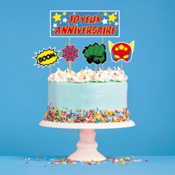 Topper assortis "Joyeux anniversaire" thème Super-héros
